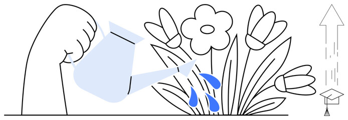 Hand watering blooming flowers with a watering can, symbolizing growth, care, education, success, and potential. Ideal for nurturing, education, development success motivation progress growth