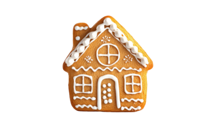 Gingerbread house with detailed frosted decorations and warm spiced baked texture clearly displayed in festive handcrafted style isolated on white background