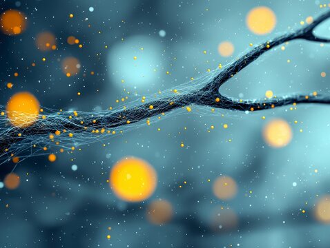 A dark, textured branch is covered in fine, web-like strands and small yellow particles, set against a blurred background of glowing orange and blue orbs and ti