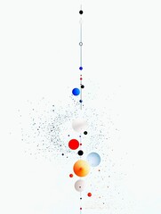 A vertical composition of various sized spheres and scattered dots in different colors and shades on a clean white background.