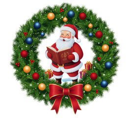 Cute Santa Claus Reading Book Inside Christmas Wreath
