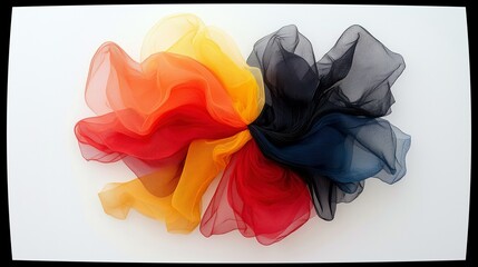 A top-down view of sheer fabric in red, orange, yellow, navy blue, and black arranged in a circular, flower-like pattern on a white background.