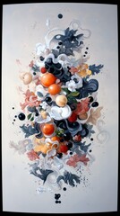 A vibrant, abstract composition featuring a cluster of fruits like oranges and berries intertwined with swirling organic shapes and floral elements.