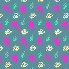 Underwater ocean creature seamless pattern featuring colorful jellyfish, delicate coral structures, and waving seaweed in a playful, stylized vector illustration
