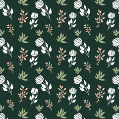 Elegant Floral Pattern with White Flowers and Green Leaves on Dark Background