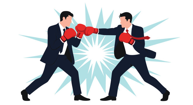 Two businessmen in suits and boxing gloves are engaged in a fierce fight, symbolizing competitive business strategies and corporate rivalry.