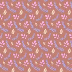 Seamless pattern with delicate botanical elements in soft pastel colors on a warm terracotta background, perfect for textiles and graphic design