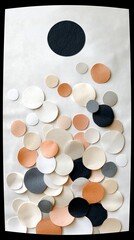 A collection of circular paper cutouts in various sizes and neutral colors are arranged on a white surface.