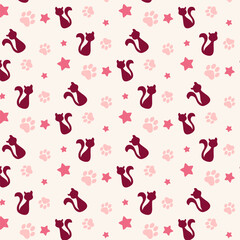 Seamless Pattern of Cute Pink Kittens and Paw Prints on a Light Background, Adorable Pet Themed Design