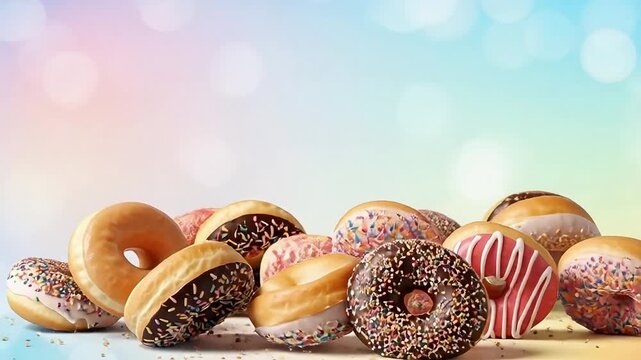 A vibrant assortment of delicious donuts with colorful sprinkles and various glazes, artfully arranged and floating against a soft, pastel gradient background
