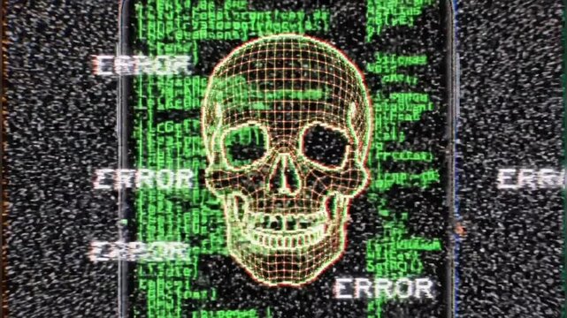 Digital skull with green code and error messages a cyber security threat concept on a dark backgroun