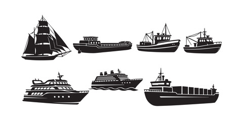 Silhouettes of various boats. Featuring icons for sailboats, barges, fishing boats, cruise ships, sea yachts, and cargo and passenger vessels. A vector set of nautical transport logos. 