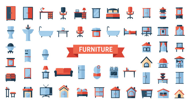 A diverse set of flat design icons showcasing various furniture pieces and household items, perfect for interior design and home decor concepts.