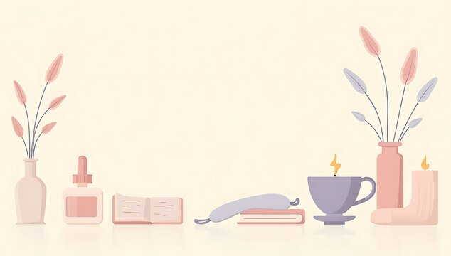 Soft pastel clipart of aromatherapy bottle, face mask, journal, cozy socks, tea cup, candle; calming lifestyle theme.
