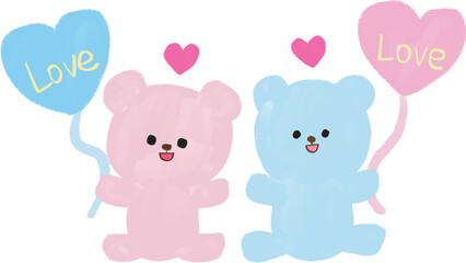 Teddy Bears with Heart Balloons &ndash; Cute Pink and Blue Hand-Drawn Love Characters for Cards & Nursery Decor