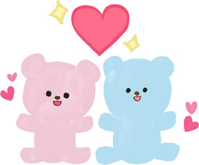Cute Couple Teddy Bears with Heart – Pink and Blue Hand-Drawn Characters for Valentine & Anniversary Designs