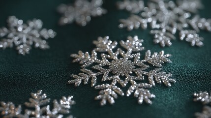 A close-up of glittering silver snowflakes embossed on dark emerald fabric perfectly symmetrical and highly detailed flake catches