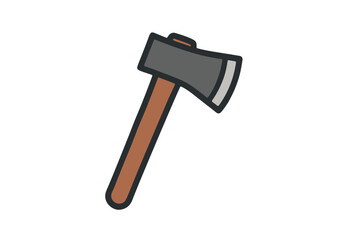 A clean and simple flat design illustration of an axe, featuring a wooden handle and a steel head. The image is isolated on a plain background.	