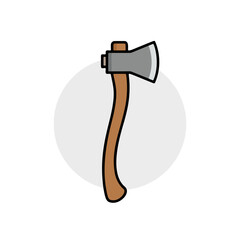 A flat illustration of an axe with a wooden handle, steel head, and black outline. Perfect for representing lumberjack tools, woodworking, or general outdoor activities.	