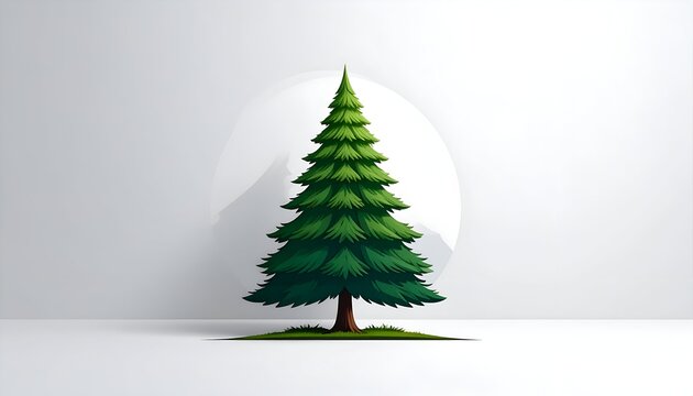 Stylized green evergreen tree centered with white background & subtle mountain backdrop
