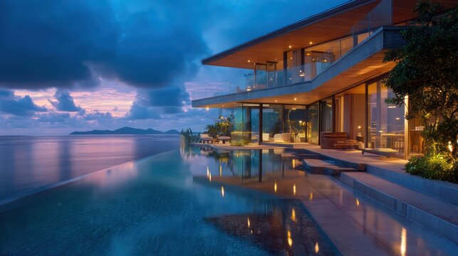 A contemporary oceanfront bungalow with a cantilevered design extending the sea glass railings and minimalist decor captured during
