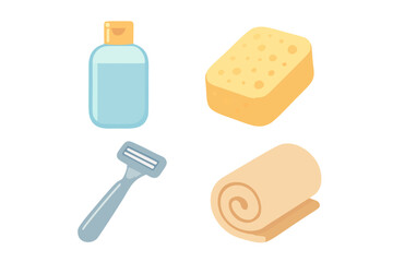This captivating illustration showcases essential personal care items found in a bathroom setting, including a bottle, sponge, razor, and towel. Perfect for lifestyle, beauty, or hygiene related proje