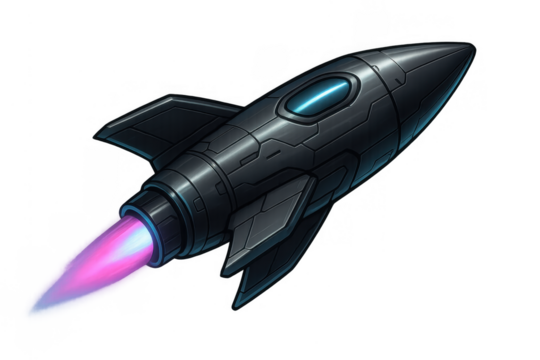 Dark sci-fi rocket spacecraft flying with engine exhaust showing technology and innovation on transparent background