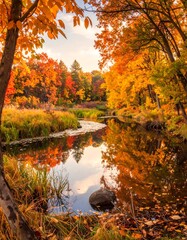 A serene river weaves through vibrant autumn foliage, reflected