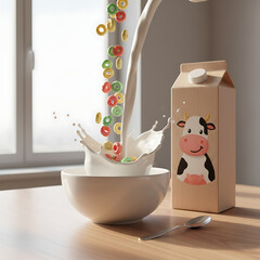 Cereal and Milk Pour A Delightful Splash in a Bowl, Perfect for Breakfast or Snacking