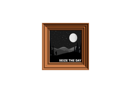 Wooden frame with monochrome night landscape poster of moonlit hills and trees, a lone figure, and the inspirational phrase “Seize the Day”.
