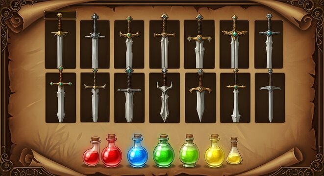 Fantasy RPG game assets set including medieval swords and colorful magic potion bottles