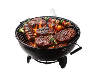 Fototapeta premium Juicy steaks and skewers cooking on a hot grill barbecue meat, Isolated, Png Transparent Background