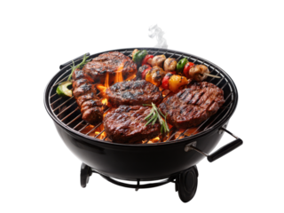 Juicy steaks and skewers cooking on a hot grill barbecue meat, Isolated, Png Transparent Background