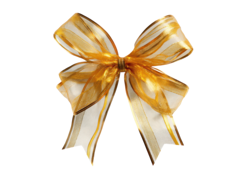 Shimmering gold ribbon bow on black sheer metallic, Isolated, Png Transparent Background - Powered by Adobe