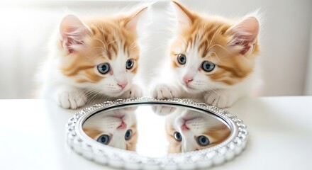 Two playful kittens staring into a mirror, symmetrical reflection, soft lighting, warm tones, adorable pet moment, indoor cute animal scene.