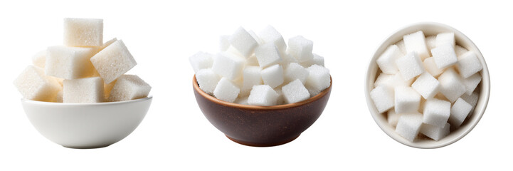 Three bowls of white sugar cubes in different arrangements isolated on a transparent background sweet