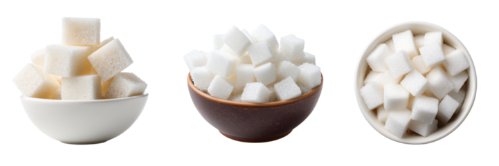 Three bowls of white sugar cubes in different arrangements isolated on a transparent background sweet
