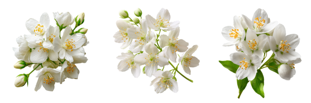Three clusters of delicate white jasmine flowers with green leaves isolated on a transparent background