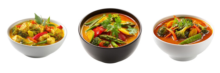 Three bowls of vibrant vegetable and chicken curry dishes with fresh garnishes isolated on a transparent background