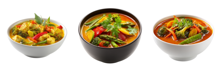Three bowls of vibrant vegetable and chicken curry dishes with fresh garnishes isolated on a transparent background