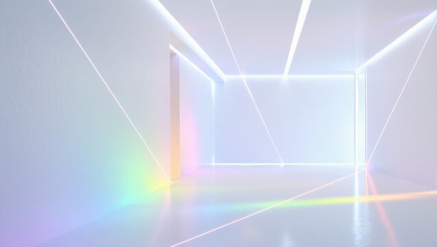 Minimalist Prism Light, ultra-minimal, futuristic white room illuminated, with thin linear LED lights across the walls, ceiling, and floor. Soft prism-like rainbow reflection effects. - Powered by Adobe