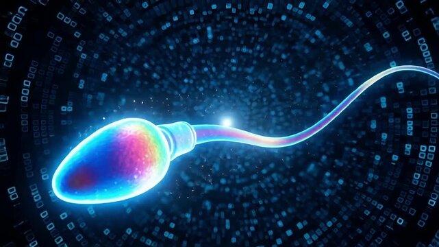 A vibrant, abstract representation of a sperm cell, glowing with rainbow colors against a dark, digital background composed of binary code, symbolizing life and creation