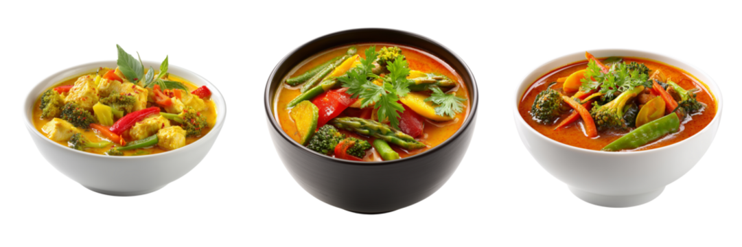 Three bowls of vibrant vegetable and chicken curry dishes with fresh garnishes isolated on a transparent background - Powered by Adobe