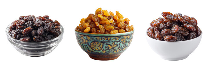 Three bowls of raisins dark golden and brown dried grapes isolated on a transparent background fruit