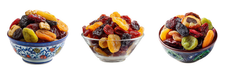 Three bowls filled with assorted dried fruits and nuts isolated on a transparent background assortment