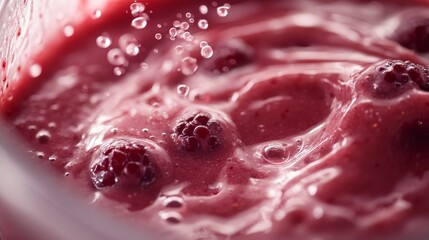 A close-up slow-motion capture of a vibrant berry smoothie spinning inside a blender, the thick texture creating smooth waves while tiny air bubbles rise to the surface.