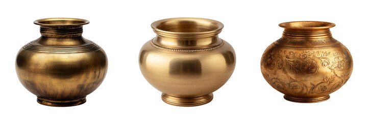 Three antique brass pots with decorative patterns and ribbed details isolated on a transparent background