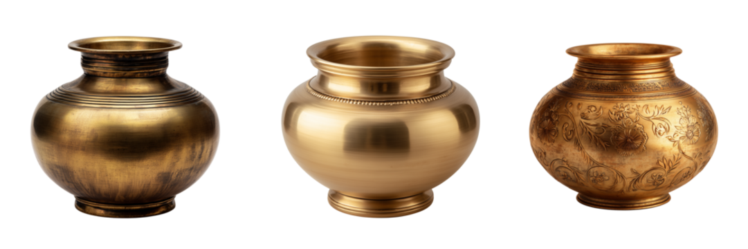 Three antique brass pots with decorative patterns and ribbed details isolated on a transparent background
