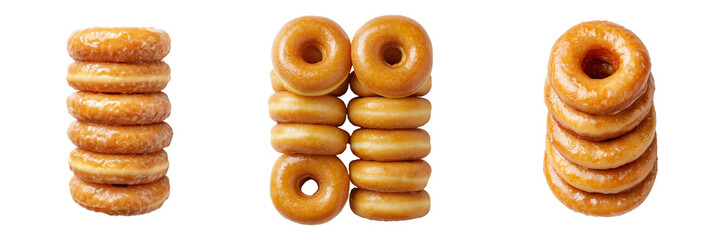 Stacks of glazed donuts with a shiny finish isolated on a transparent background