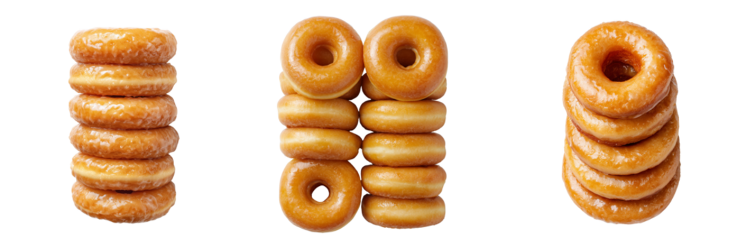 Stacks of glazed donuts with a shiny finish isolated on a transparent background